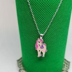 Silver and Pink Horse Pendant Necklace